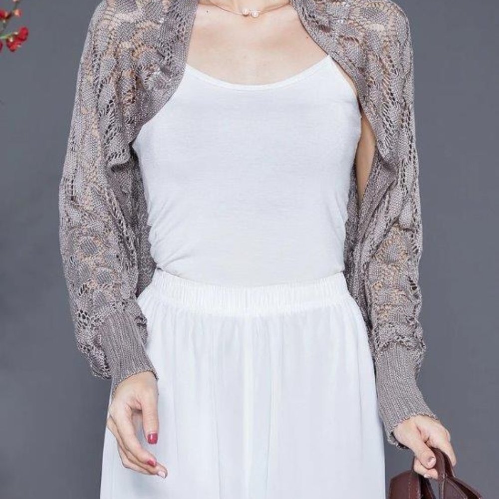 Brown Hollow Out Knit Loose Coat Batwing Sleeve